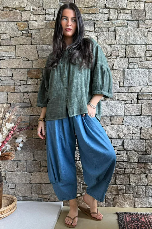 Loom & Thread Pin Tuck Blouse Washed Moss /40=